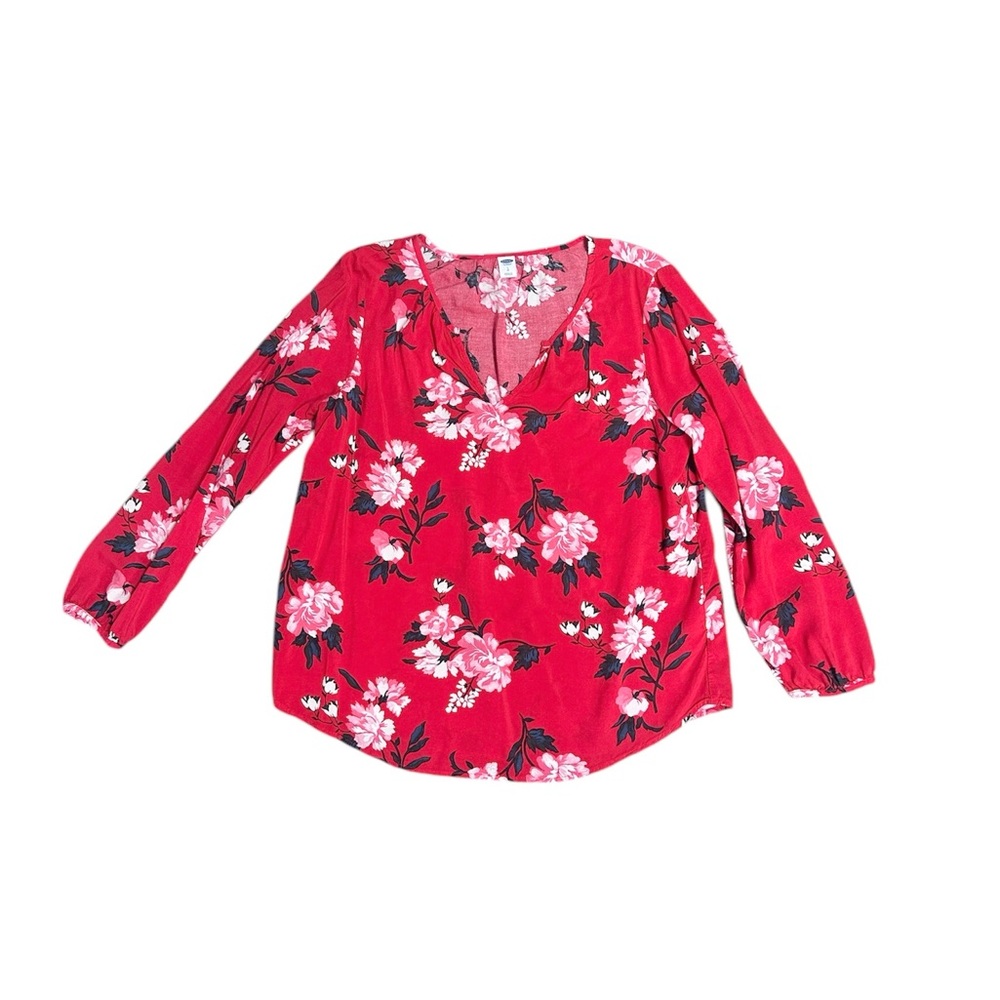 Old Navy red with pink and white flowers Floral Top spring blouse size large